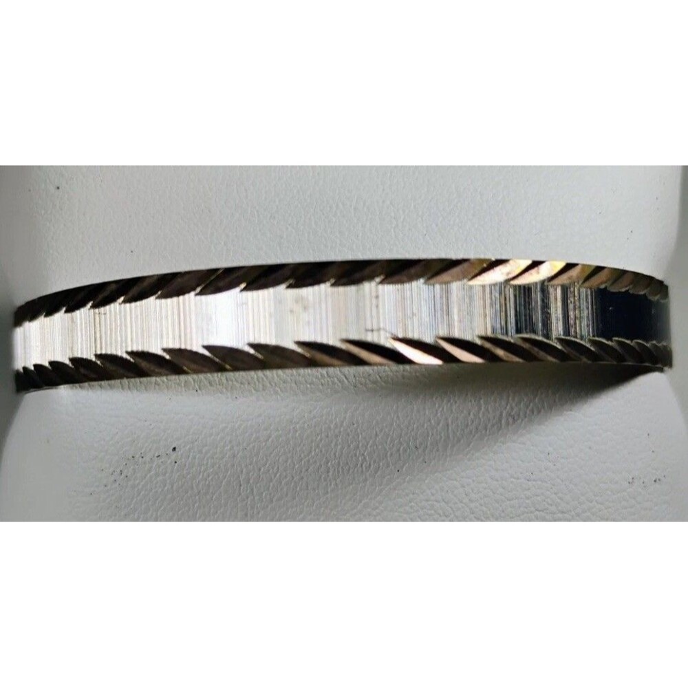 Vintage Bangle Bracelet Silver Tone Textured Reflective Center & Golden Border